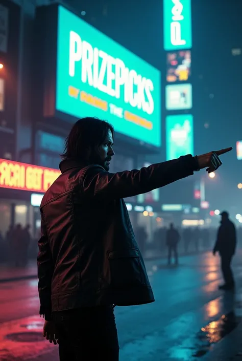 John wick pointing at billboard that reads bring me PrizePicks 