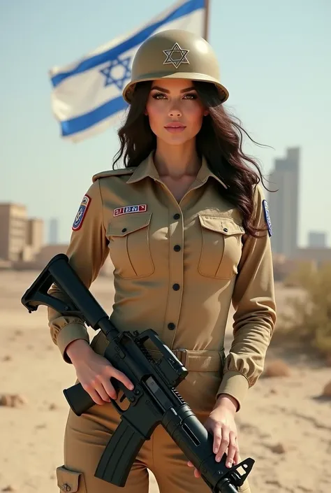  Full-length image - Curvy brunette Israeli soldier with big breasts, in a tight sand-colored military uniform and with a military helmet on her head .  With the Israeli flag patch .  There is a full-length image of , with a big machine gun in hand, agains...