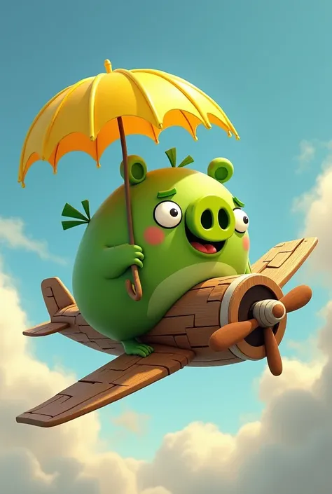 Green Bad piggie from the Angry Birds, It flies with a wooden plane, not completely broken and with a yellow umbrella