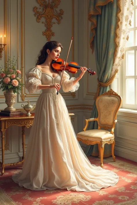  Elegant woman in period clothes playing violin. Furnished house Luiz XV . Watercolor illustration. 