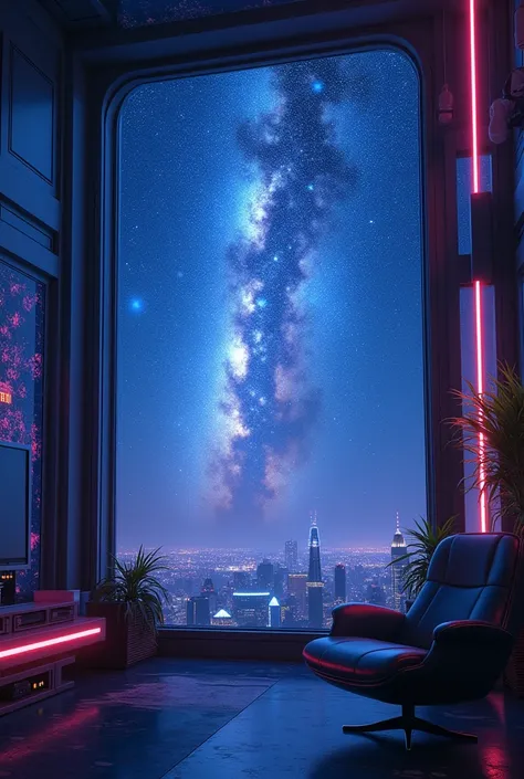 The blue and purple Milky Way　Scenery seen from my room　 cyberpunk