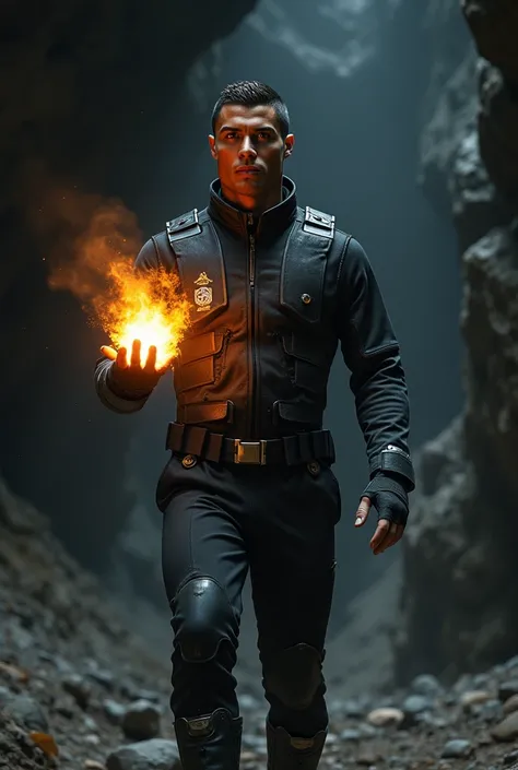 Cristiano Ronaldo Escaping with the Artifact
Create an ultra-realistic image of Cristiano Ronaldo is wearing a sleek black and silver jumpsuit, complete with a utility belt and a pair of high-tech gloves.
 escaping the cave with the glowing artifact. Crist...