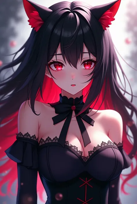 Anime girl with black hair with red tufts black and red cat ear and black corset with a lace collar with ul black ribbon black warmers serious look few bubbles 