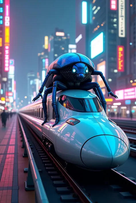 Bullet train with big blue beetle. Background aria is night city 