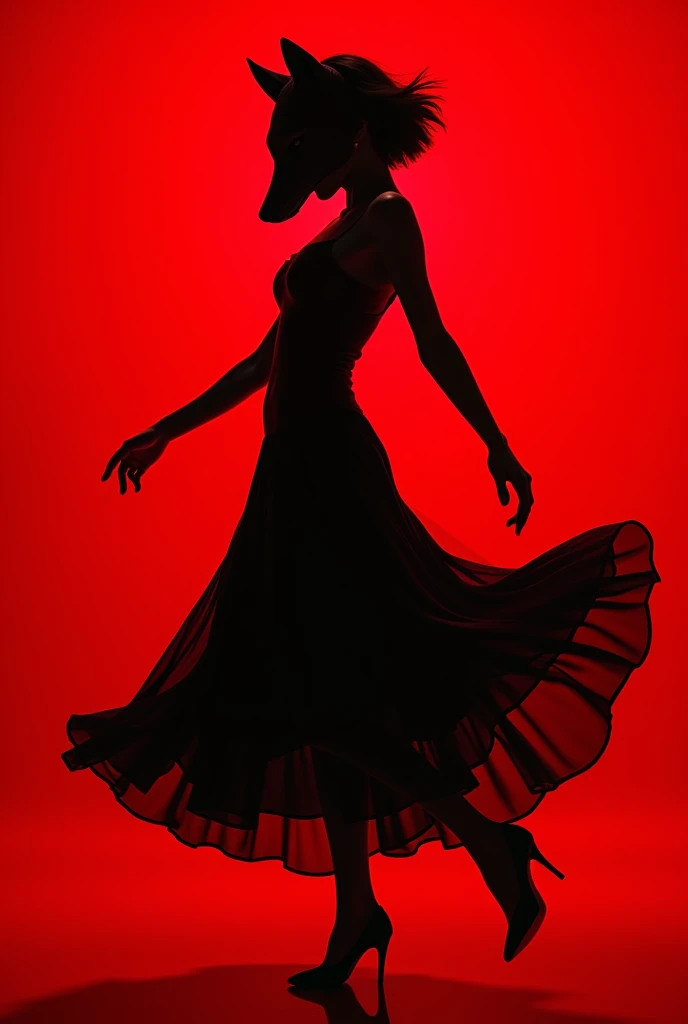 Silhouette of a woman with short hair ,  dancing with a wolf mask on and red background