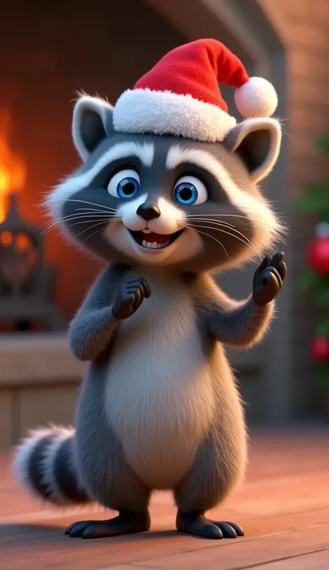 Blue-eyed Disney Pixar-style character who is a cute and cuddly raccoon who is standing up to move him dancing with a Christmas hat