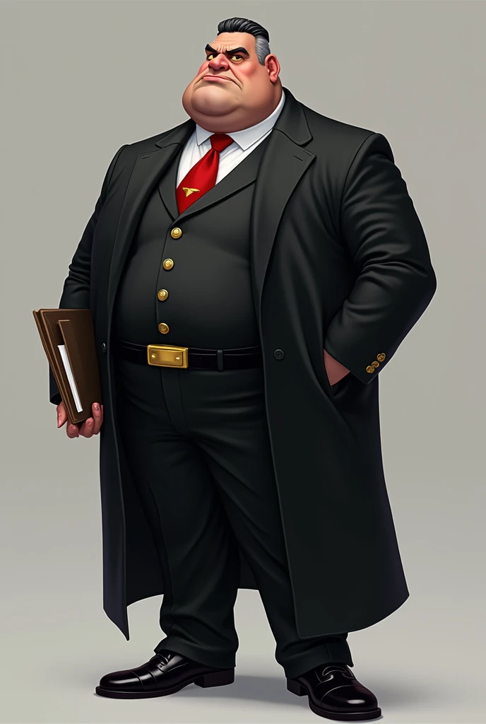 4k? a beautiful concept art in the style of the Arcane series on League of Legends, depicting a stout man in a buttoned up business black jacket, tuxedo, buttoned up, full height, double chin, yellow eyes, black hair with a receding hairline in the middle,...