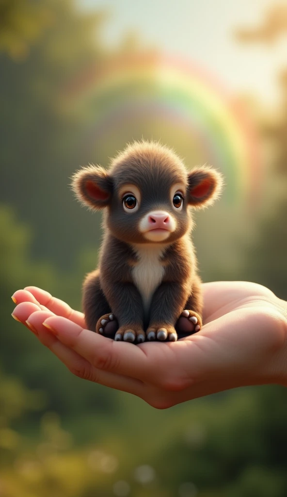 A Hand holding an ultra-realistic cute baby cow with Dense Lot of fur. The blurred background is of a Forest with a rainbow behind It.