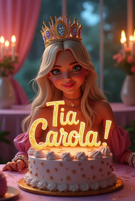  Your image of  " Tia Carola "  with golden cursive letters ,  embedded in diamonds ,  themed birthday and text! "100pre !" about a birthday cake and candles.🎉✨