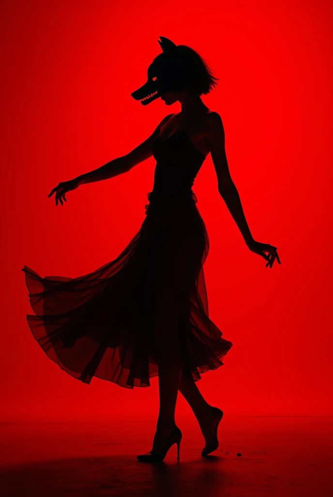 Silhouette of a woman with short hair ,  dancing with a wolf mask on and red background