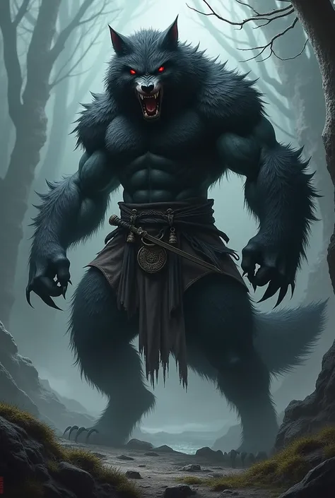 humanoid wolf,There is hair all over the body , Open mouth,  big muscle , have martial arts clothes,fantasy world , Does the color totally black ,  red eyes , 2 meters high