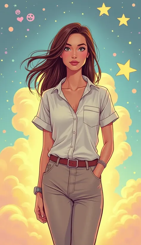 A charming comic book-style image of an adult American woman dressed in a relaxed, modest outfit, such as a simple blouse and slacks, representing Gemini. She exudes a sense of curiosity and playfulness, with subtle Gemini symbols like twin stars or abstra...