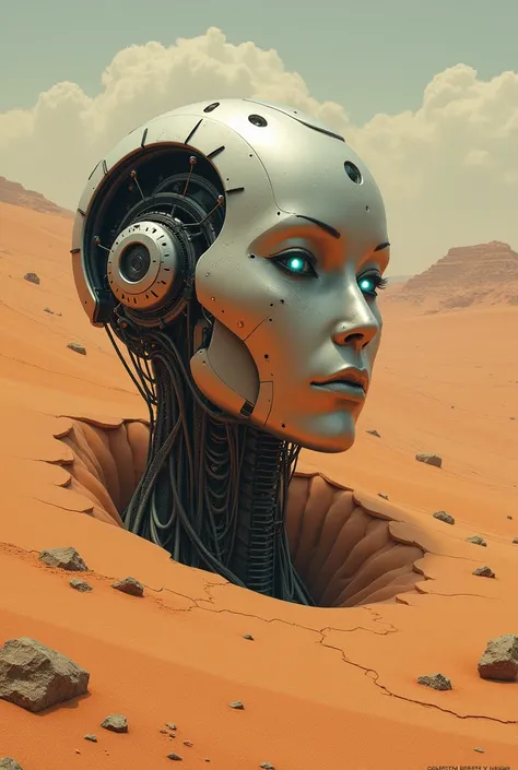 create a poster of a desert world and that the face of a robot sticks out of the sand 