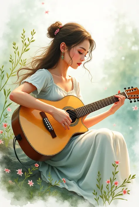 woman playing guitar.  Watercolor illustration