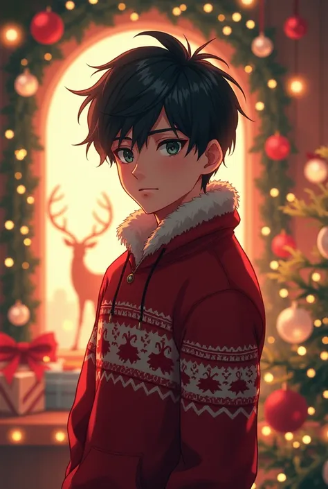 Young mature anime man.  Black hair, short hair , gray hair,beard , Christmas clothes , Christmas reindeer 