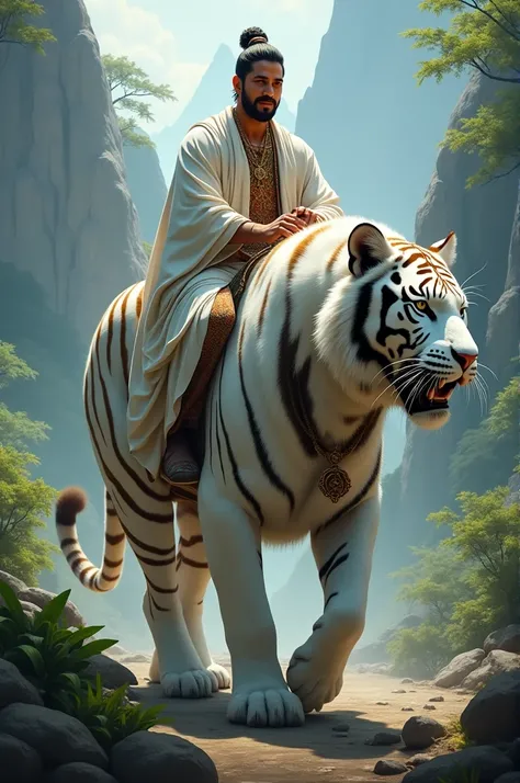 A man riding a white tiger 
