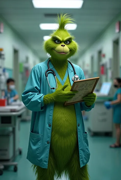 (photorealism:1.2), Character the Grinch in uniform and medical gown , with his stethoscope around his neck and medical history writing board in his hand.  With a backdrop of an emergency room  