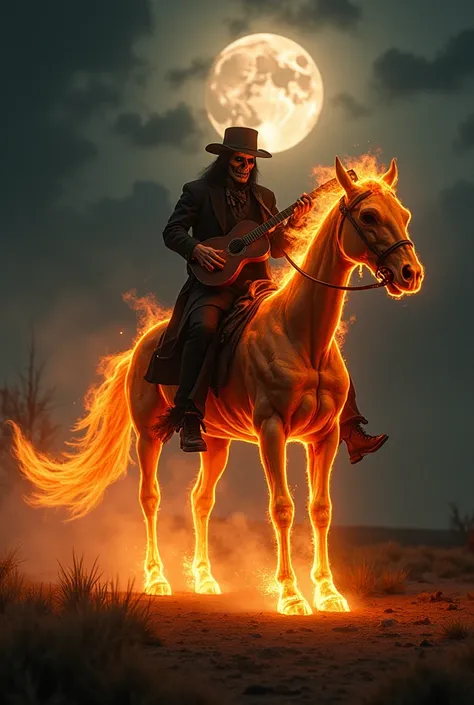 On a dark and dark full moon night ,  a gunman from the west transforms into a supernatural being,  where his skull is completely exposed ,  in addition to the fact that this character has control over fire .  When it transforms ,  a burning skeleton horse...