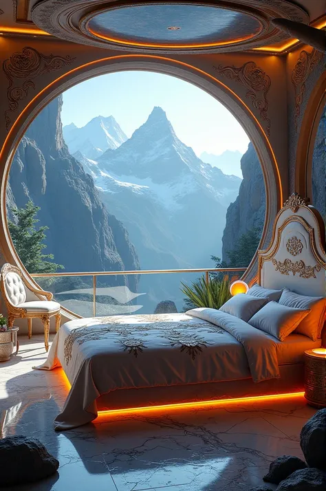  A fantastic space-style room with a fantastic bed and furniture. The room has a balcony overlooking the mountains 