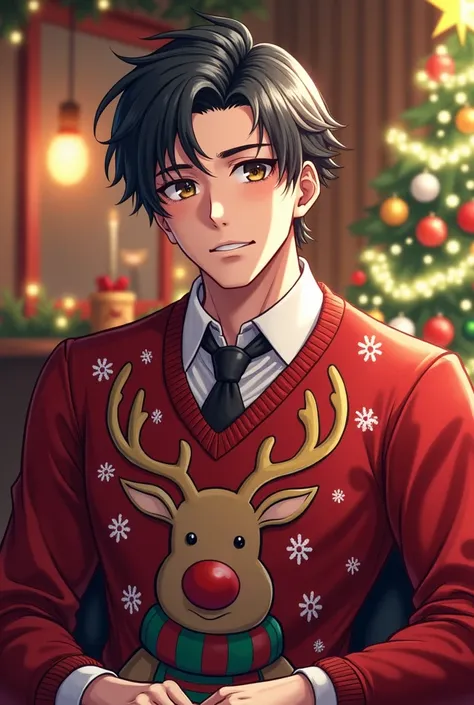 Young mature anime man.  Black hair, short hair , gray hair,barba canosa , Christmas clothes , Christmas reindeer 