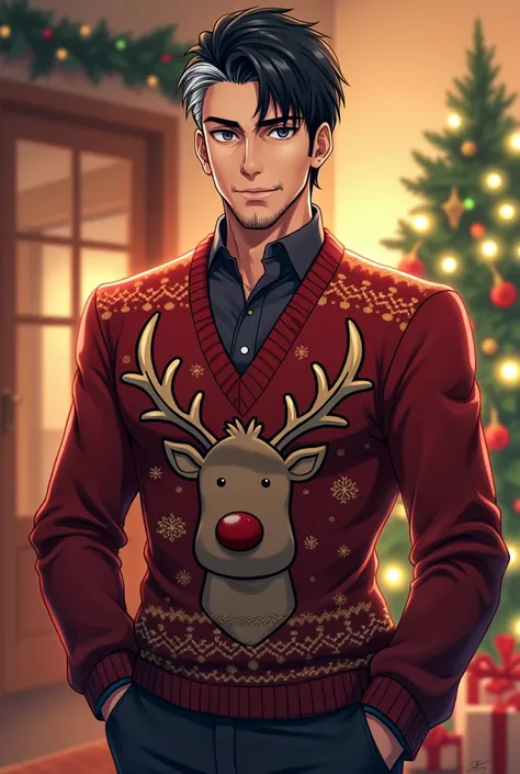 Young mature anime man.  Black hair, short hair , gray hair,barba canosa , Christmas clothes , Christmas reindeer 