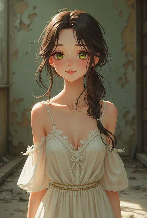 Anime Waif woman brown hair green eyes,  smile Full height An old torn dress