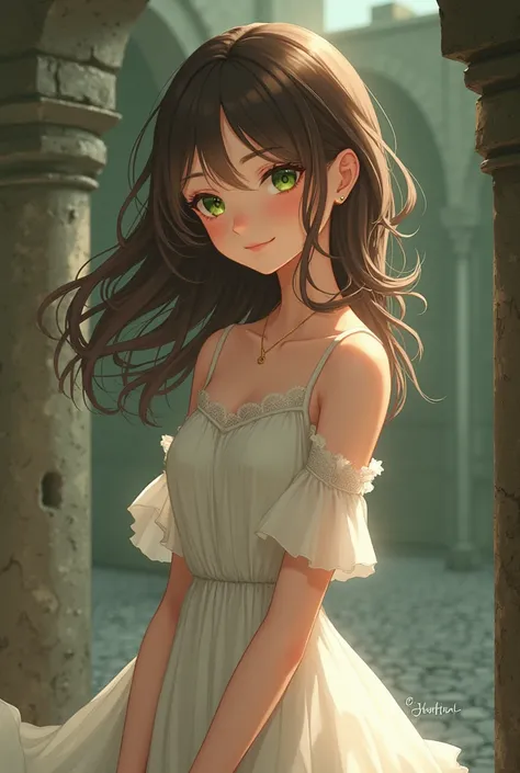 Anime Waif woman brown hair green eyes,  smile Full height An old torn dress