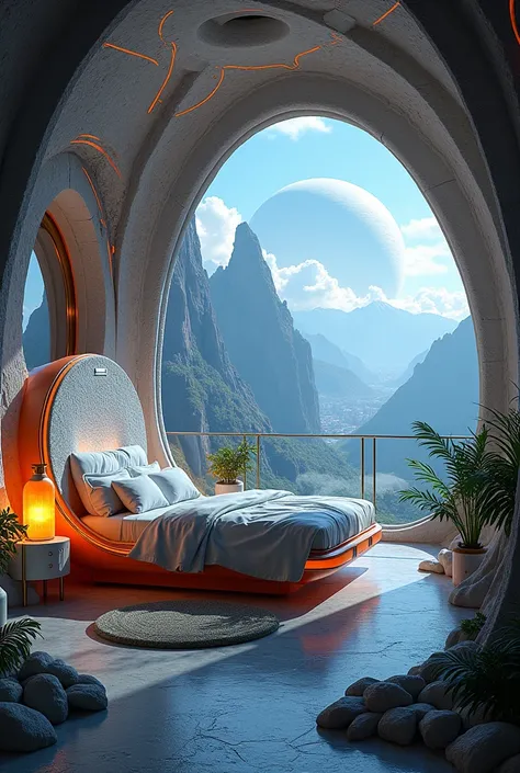 space-shaped room with a fantastic bed and furniture. The room has a balcony overlooking the mountains and the city 