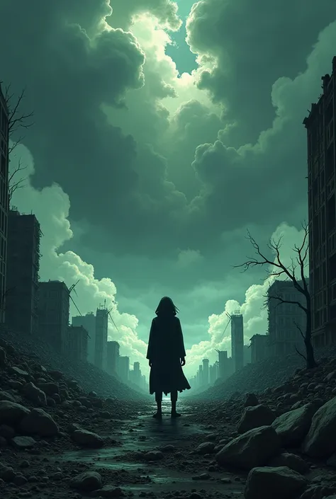 Dark,  a ruined world . Earth is bursting ,  the sky is covered with strange clouds . silhouette of a man,  standing in the center of destruction ,  can be seen against the background of .  A strange glow emanating from his hand. manga