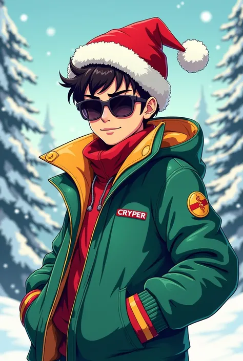 18-year-old male teenager in 2D drawing mode with sunglasses posing epic with Christmas hat, green coat with crypper logo and snow background
