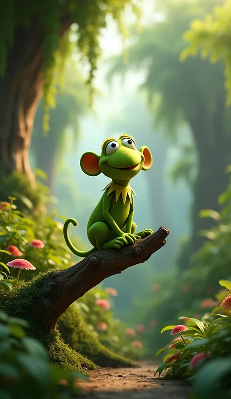 "A lush natural setting with trees and dense vegetation. A small, friendly monkey named Kermit is the center of attention, sitting on a branch and observing the surrounding environment."(Image as Disney Pixar 3D)