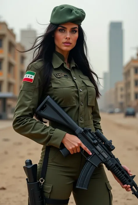  Full-length image - Curvy brunette Syrian soldier with black hair,  in a tight dark green military uniform and a military cap on her head . With a Syrian flag patch .  There is a full-length image of ,  with a Kalashkikov rifle in his hands ,  against the...