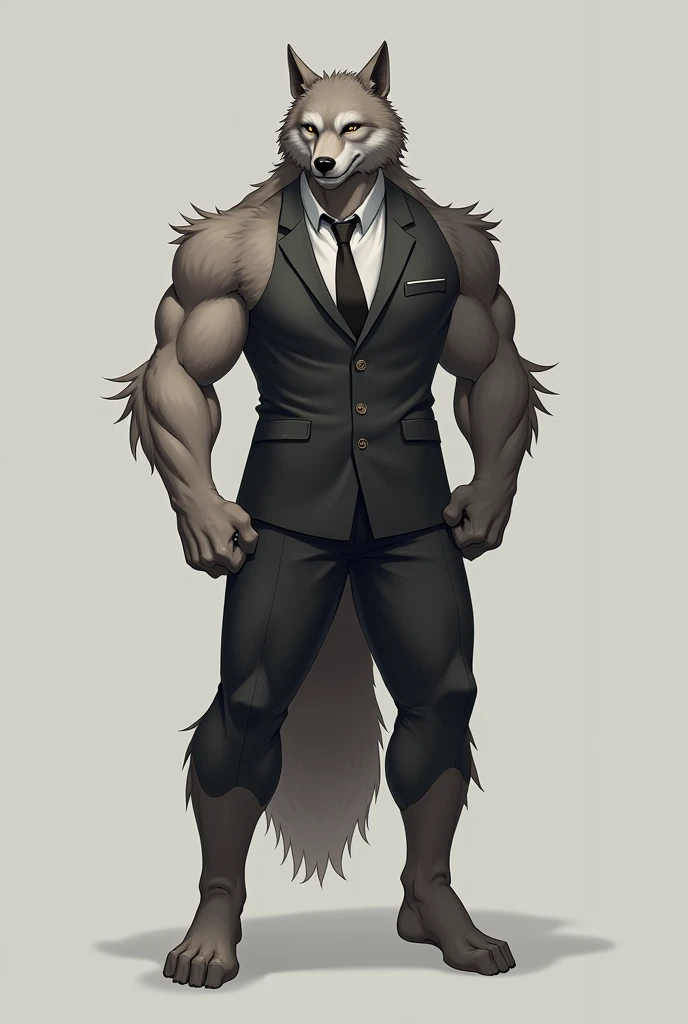 body, standing pose, half wolf and half human, male, wearing a suit, holding a cigarette in his mouth