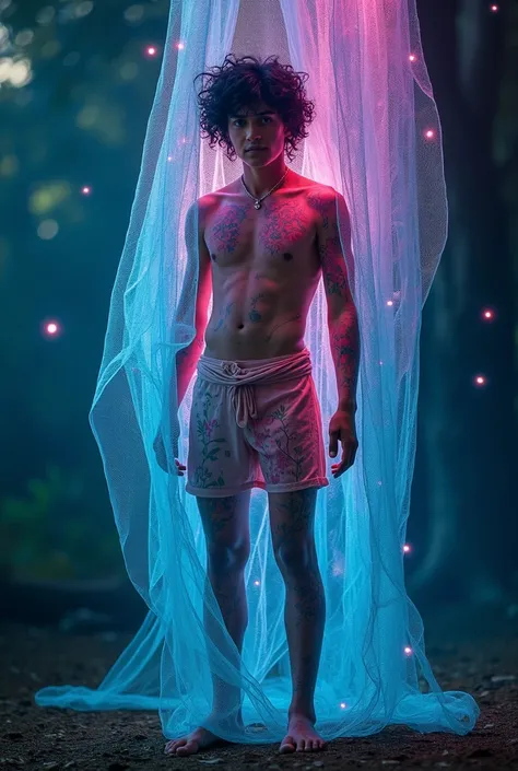 A 16-year-old naked nepali punk boy, colloured dyed-heir punk-style , standing  entangled in a ethereal bioluminescent magic-net that IS floating in the Air UP around him. Fantasy, dream-like style.  Artístic nude,  realistic, 
