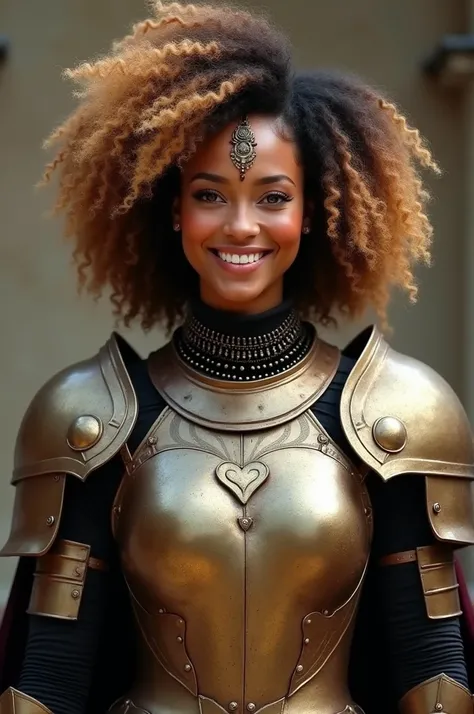  Please send me an image of a 28-year-old warrior woman with light brown afro hair and blonde curls , with a polished round face , light brown eyes,  wide nose and full lips
A noble warrior who is characterized by her nobility ,  sensitivity and love for p...