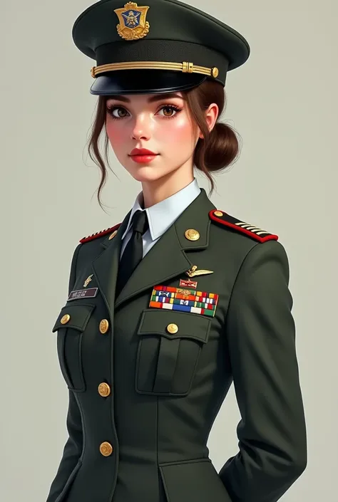 Girl lieutenant colonel of the United States Army,  with brown hair tied in a bun and brown eyes white skin and crimson lips.  Uniform skirt and hat .  full body image .