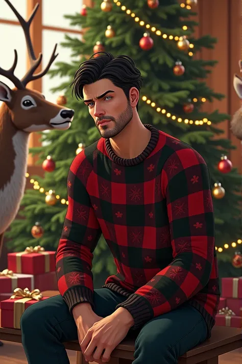 Mature anime man ,  Black hair , short hair ,beard, Christmas clothes ,reindeer , Christmas tree  