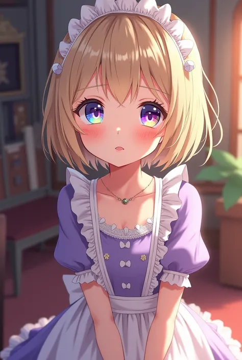 Kind, girl Maid, with freckles, Rainbow color eyes and short, beige hair. Wearing a purple Maid uniform. Anime