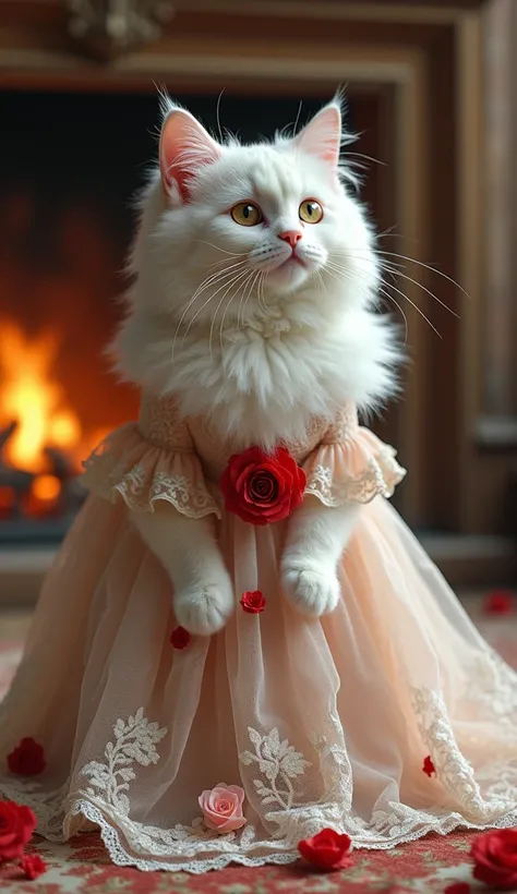 Put a dress like the one in this image on a cute fluffy white cat　Red and pink roses made of lace are attached to the dress
The background is a living room with a warm fireplace