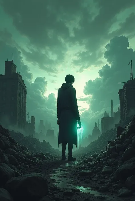 Dark,  a ruined world . Earth is bursting ,  the sky is covered with strange clouds . silhouette of a man,  standing in the center of destruction ,  can be seen against the background of .  A strange glow emanating from his hand. manga