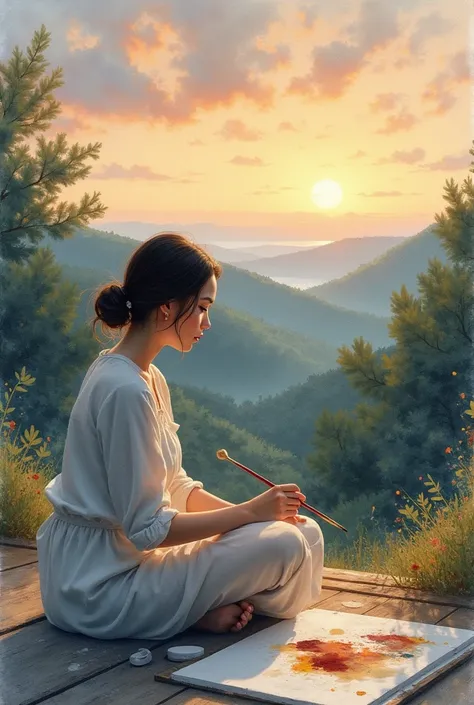 Woman painting at dusk,  sitting on the floor . landscape. watercolor. 