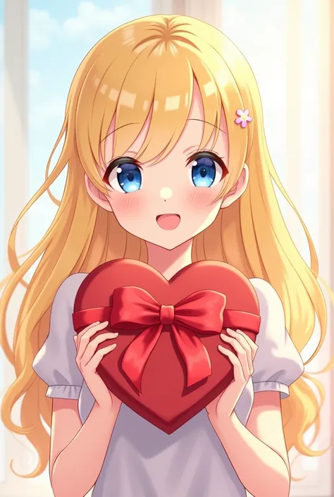 A beautiful blond girl with a popping smile 、 carefully hugs the heart-shaped present and looks at me while smiling（Anime version）