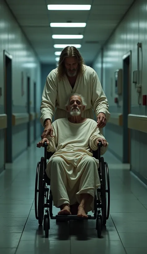 I want an image of Jesus and an elderly man, 80 years old, in a hospital hallway.

The man is in a wheelchair, frail, with a crying expression.

Jesus is behind him, pushing the wheelchair, helping him.