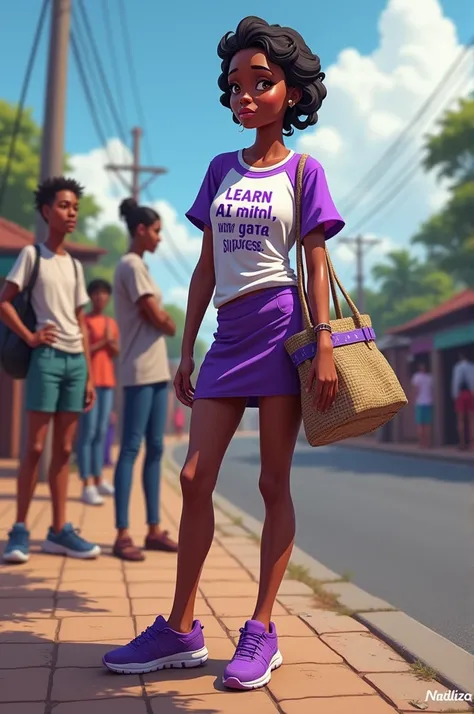 A Nigerian young lady on the road side selling a data will few people around her, wearing shorts skirt purple and white top, on that her clothes they wrote it learn Ai with pearl day one was a success wearing a sneakers purple color 