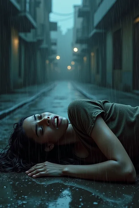  Create a book cover with the following characteristics :

 At the top of the book authors name: Salvador Filipe
Title : Gritos na Esquina
Publisher :  SalPla Editions

A young black woman lying on the floor at nightfall, In crying and raining .
