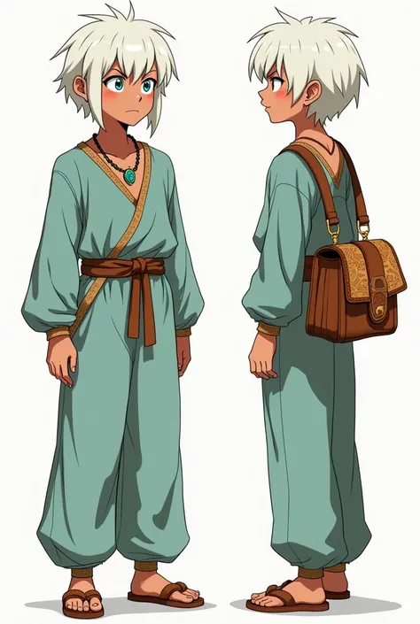 

 Design a wise apprentice character in anime style ,  inspired by Ghost in the Shell ,  showing a full view from the front , in profile and back .  Includes details of his clothing :  simple linen clothing Aqua ,  wears a leather belt and leather sandals...