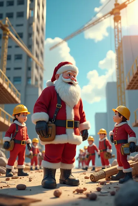 Santa Claus working with a team of workers on the construction of a building in summer 