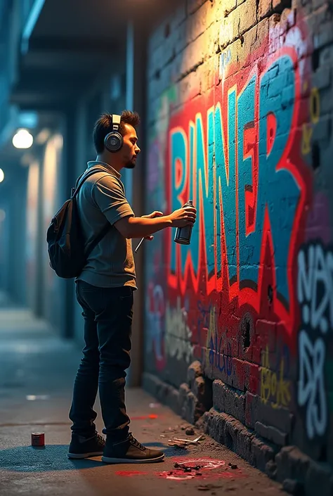 A captivating 3D illustration featuring an a handsome malay Asian guy wearing headphone clear face towards camera in urban attire, skillfully painting graffiti on a textured, dilapidated brick wall. He confidently holds a can of spray paint, creating the b...