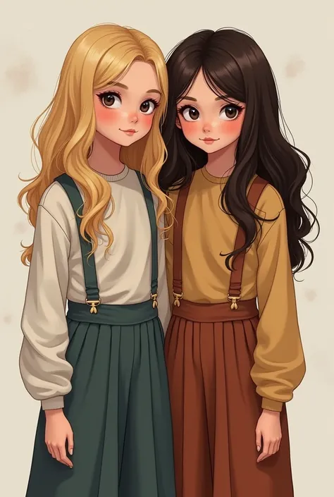 Create a image with two girls, one blonde with dark eyes, and one brunette with dark eyes.
The brunette one, is older than the blonde girl.
They are with the same clothes. 
They love each other so much. 
They are cousins.
The image must be realistic! 