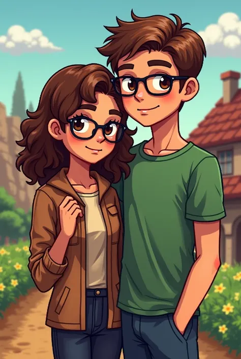 A Stardew Valley-style couple in pixels.  A has brown skin and brown eyes ,  brown and curly hair up to the shoulder ,  wears Rayban-style glasses and chocolate-tone clothes.  The boy has brown eyes , straight hair and short ceiling ,  has fair skin and we...